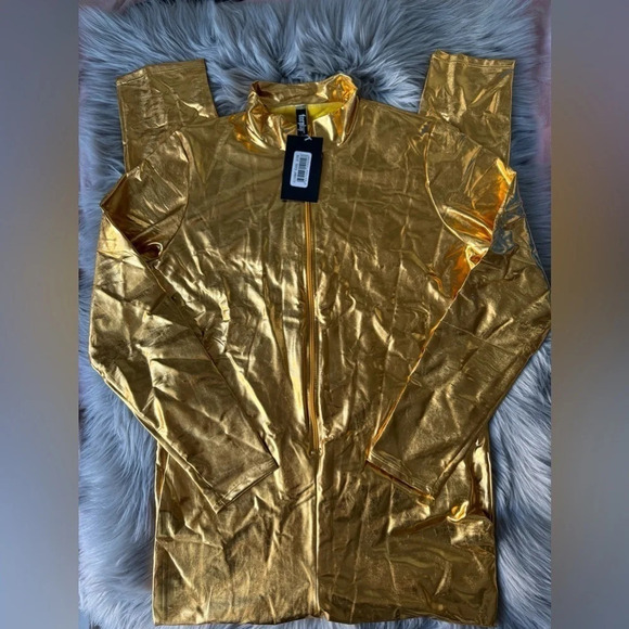 Forplay Women's Metallic Gold  Zip Front Mock Neck Catsuit - Picture 4 of 7